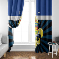 Blue window curtain panels with Quebec crest near the center and striped rays design