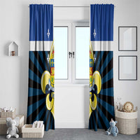 Blue window curtain pair with Quebec crest, fleur-de-lis, and bold striped ray pattern