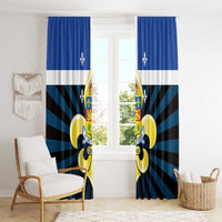 Blue window curtain panels with centered Quebec coat of arms and striped fleur-de-lis rays