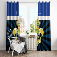 Blue window curtain panels with Quebec crest emblem and fleur-de-lis striped ray design