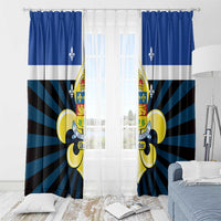 Blue grommet-top window curtain panels with Quebec coat of arms and fleur-de-lis striped rays