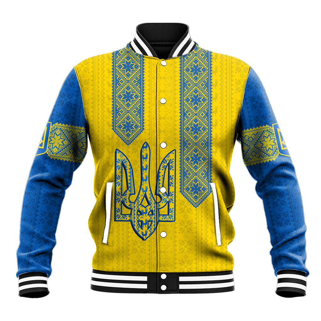 Unisex baseball jacket with yellow body, blue sleeves, folk pattern, snap front