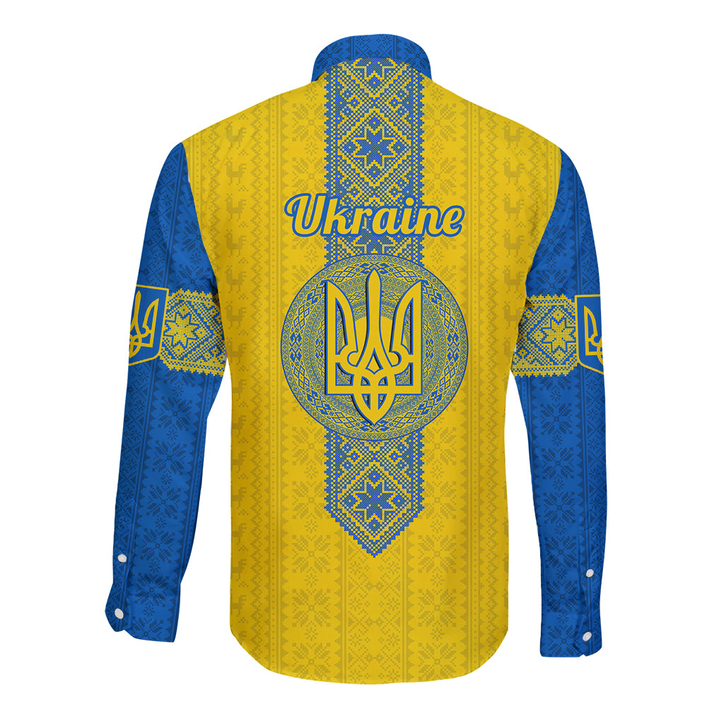Unisex long-sleeve button shirt back with Ukraine text, blue trident emblem, yellow base