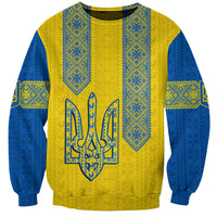 Unisex blue and yellow sweatshirt with folk geometric panels and central trident graphic