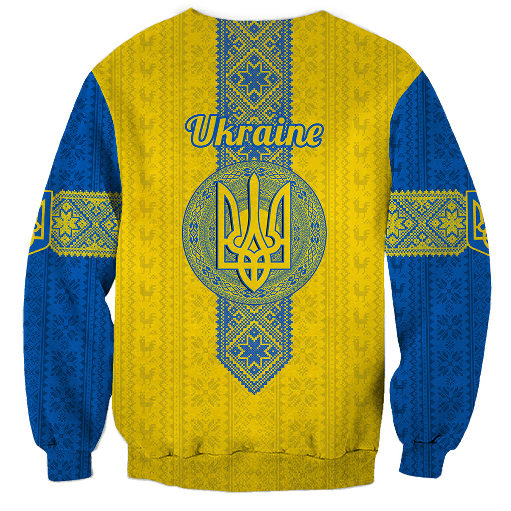 Unisex yellow back sweatshirt with Ukraine text and trident emblem, folk diamond pattern