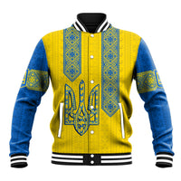 Men's baseball jacket with yellow body, blue sleeves, folk trident front, snap buttons