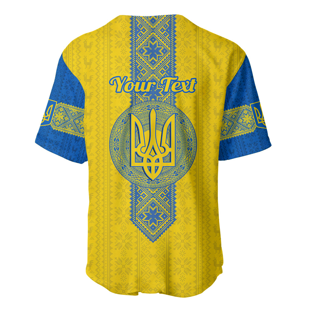 Gold baseball jersey with blue folk yoke, trident emblem, and 'Your Text' on back
