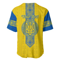Gold baseball jersey with blue folk yoke, trident emblem, and 'Your Text' on back