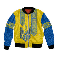 Unisex bomber jacket in yellow and blue with folk trident emblem and ribbed cuffs