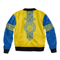 Unisex bomber jacket yellow and blue with back 'YourTex' text and trident motif