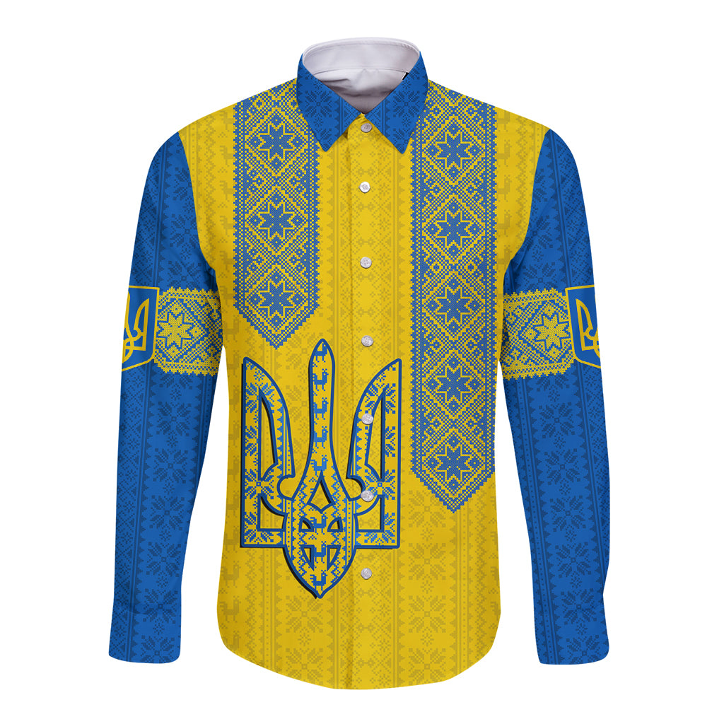 Long-sleeve button-up shirt with blue, yellow folk trident and geometric pattern front
