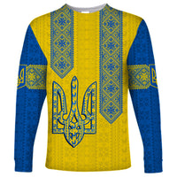Long sleeve shirt with blue-yellow folk trident print, crew neck