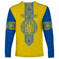 Long sleeve shirt back with 'Your Text' and blue-yellow trident folk print