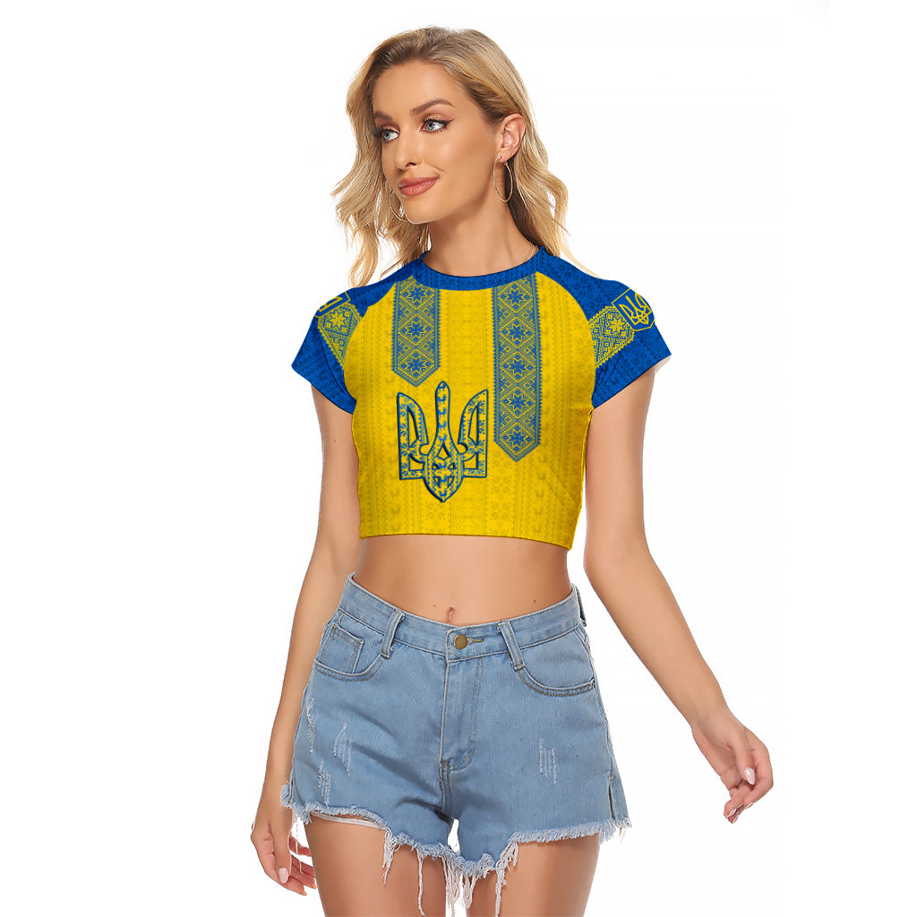 Personalised Ukraine Raglan Cropped T Shirt Gold Trident Folk Pattern - Wonder Print Shop