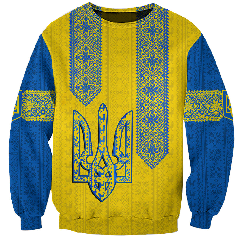 Unisex crewneck sweatshirt with gold and blue folk pattern, trident emblem front