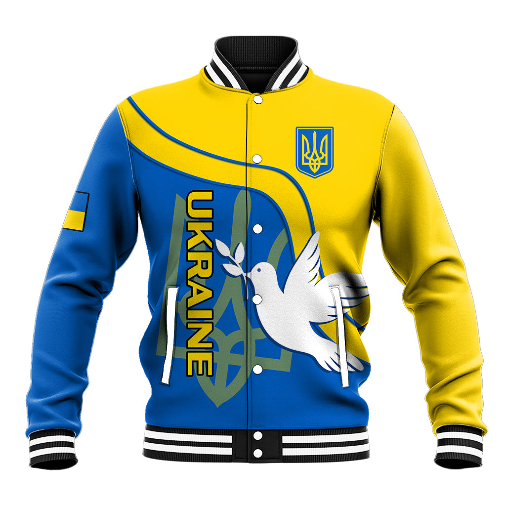 Blue/yellow baseball jacket with ribbed collar, button front, dove and trident graphic