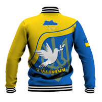 Back view baseball jacket, yellow-blue with striped ribbed collar, large dove and slogan print