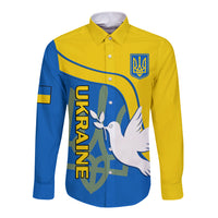Long sleeve button shirt with blue-and-yellow front graphic and trident logo