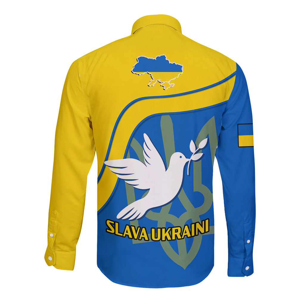 Long sleeve button shirt with back bird graphic, Ukraine outline, and blue accents