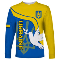 Blue and yellow long-sleeve shirt with dove, trident crest, and bold text graphic