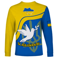 Blue and yellow long-sleeve shirt with Ukraine map, dove, and SLAVA UKRAINI text