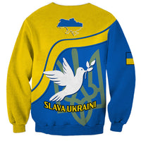 Unisex yellow and blue sweatshirt with back map, dove illustration, and “SLAVA UKRAINI” text