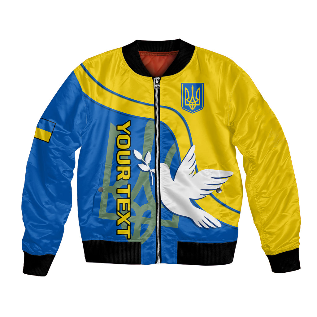 Unisex blue and yellow bomber jacket with zip, trident emblem, and dove graphic