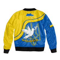 Unisex blue and yellow bomber jacket with back dove print, map outline, and rib hem