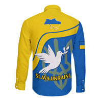 Blue and yellow long-sleeve button shirt with back dove graphic and 'Slava Ukraini' text