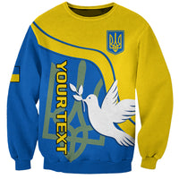 Blue and yellow sweatshirt with trident, dove, and SLAVA UKRAINI graphic