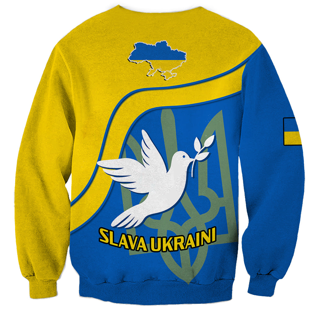 Blue and yellow sweatshirt with back map graphic and dove over SLAVA UKRAINI text