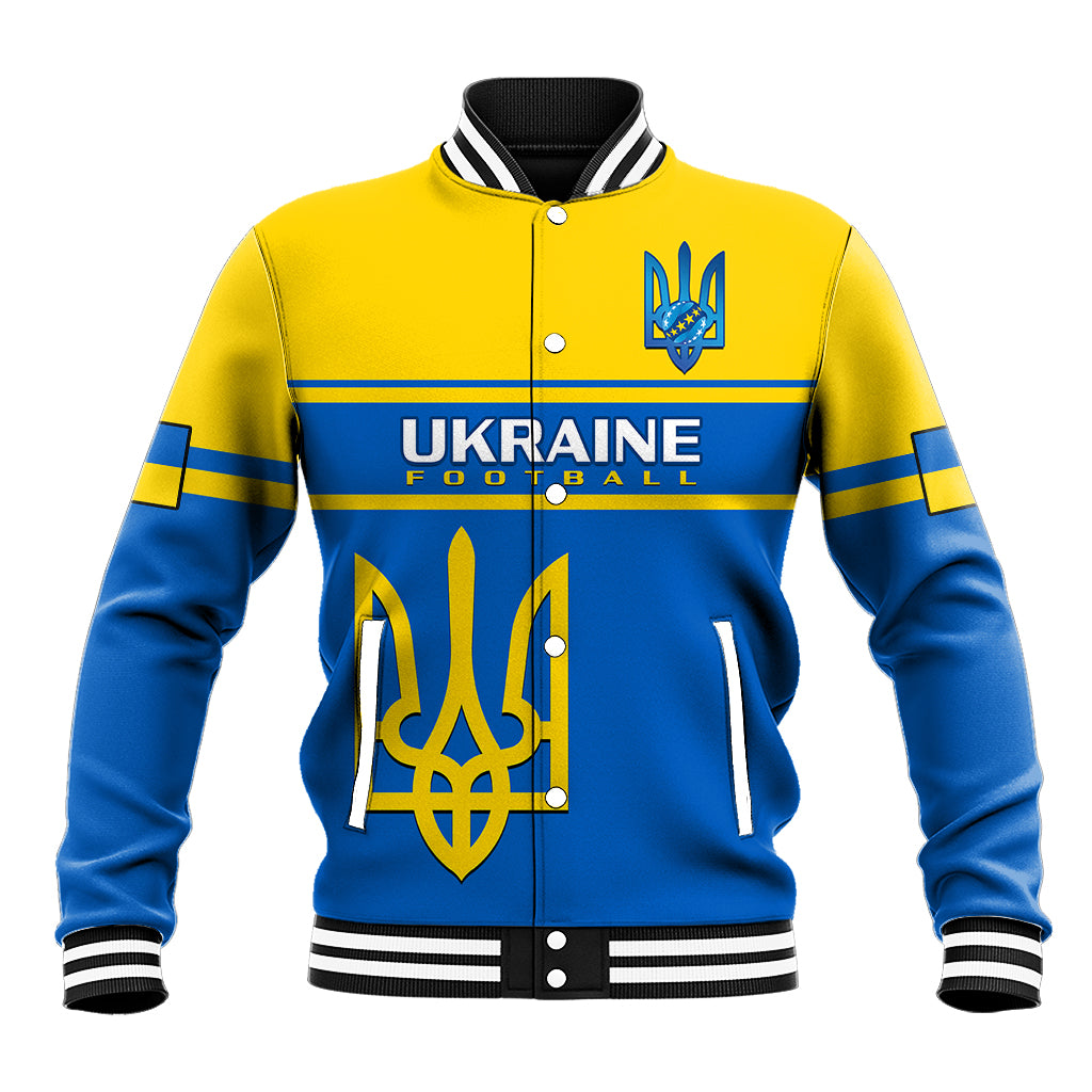 Blue and yellow varsity baseball jacket with front Ukraine football graphic