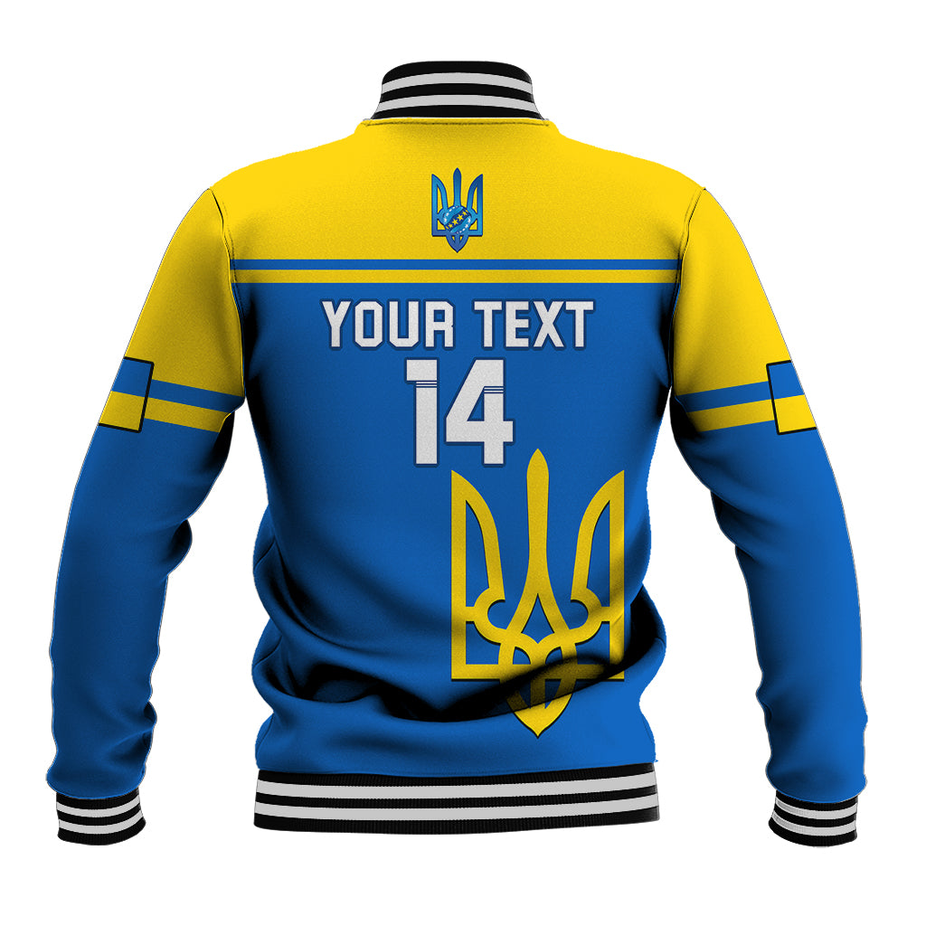 Blue and yellow varsity baseball jacket with back text and number 14 graphic