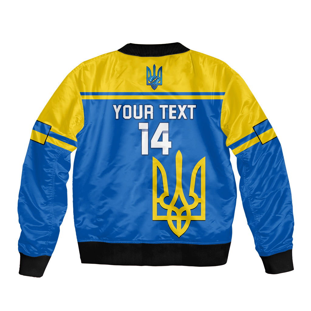 Personalised football bomber jacket, blue back panel with YOUR TEXT and number 14