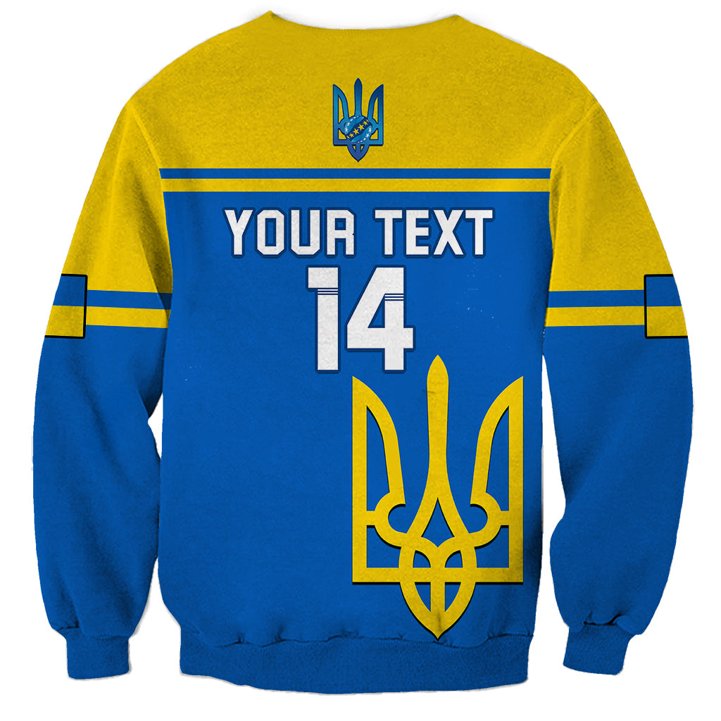 Personalized Ukraine football sweatshirt in yellow and blue, back YOUR TEXT 14 with crest