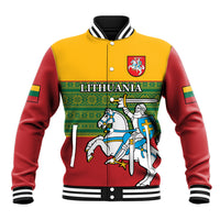 Yellow and red varsity baseball jacket with Lithuania crest and folk pattern band