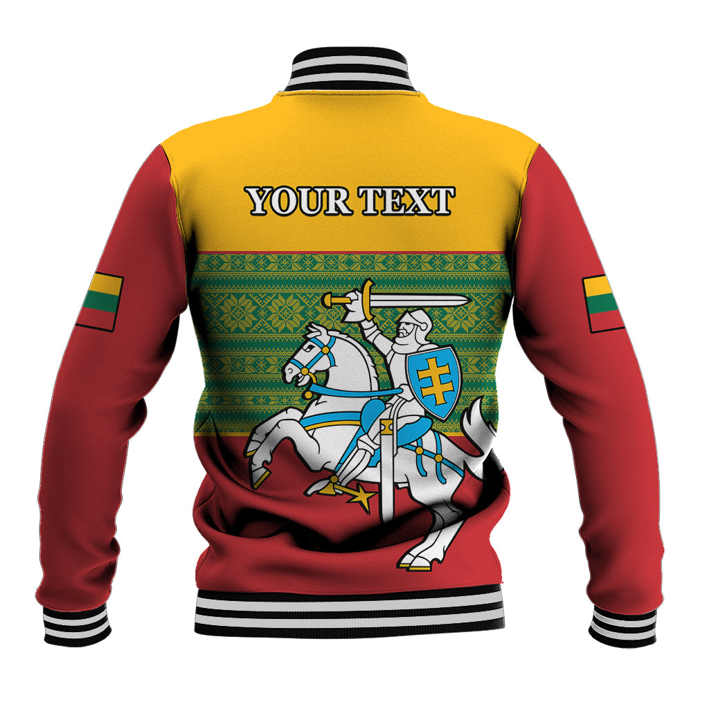 Back of varsity baseball jacket with 'YOUR TEXT' and Lithuania folk pattern crest