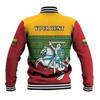 Back of varsity baseball jacket with 'YOUR TEXT' and Lithuania folk pattern crest