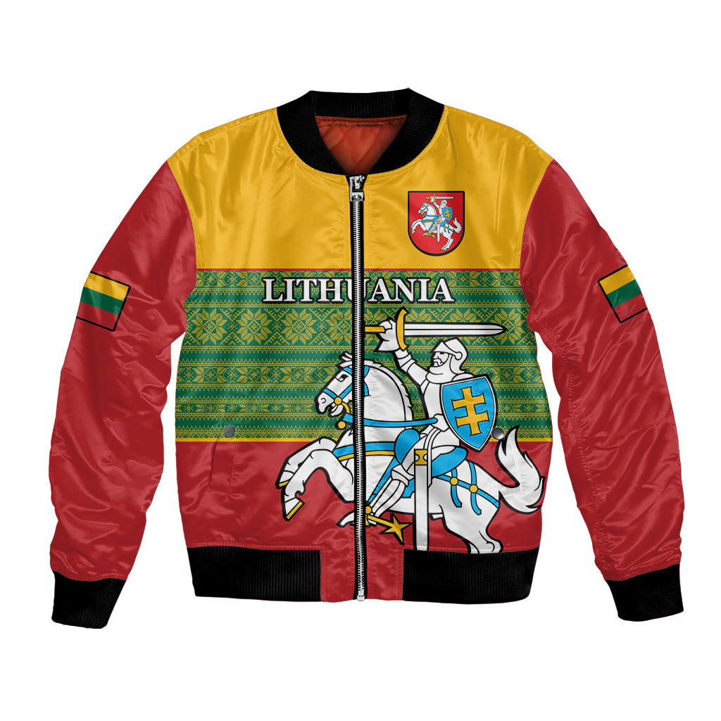Red and yellow bomber jacket with green folk band, Lithuania crest, front zipper and ribbed cuffs