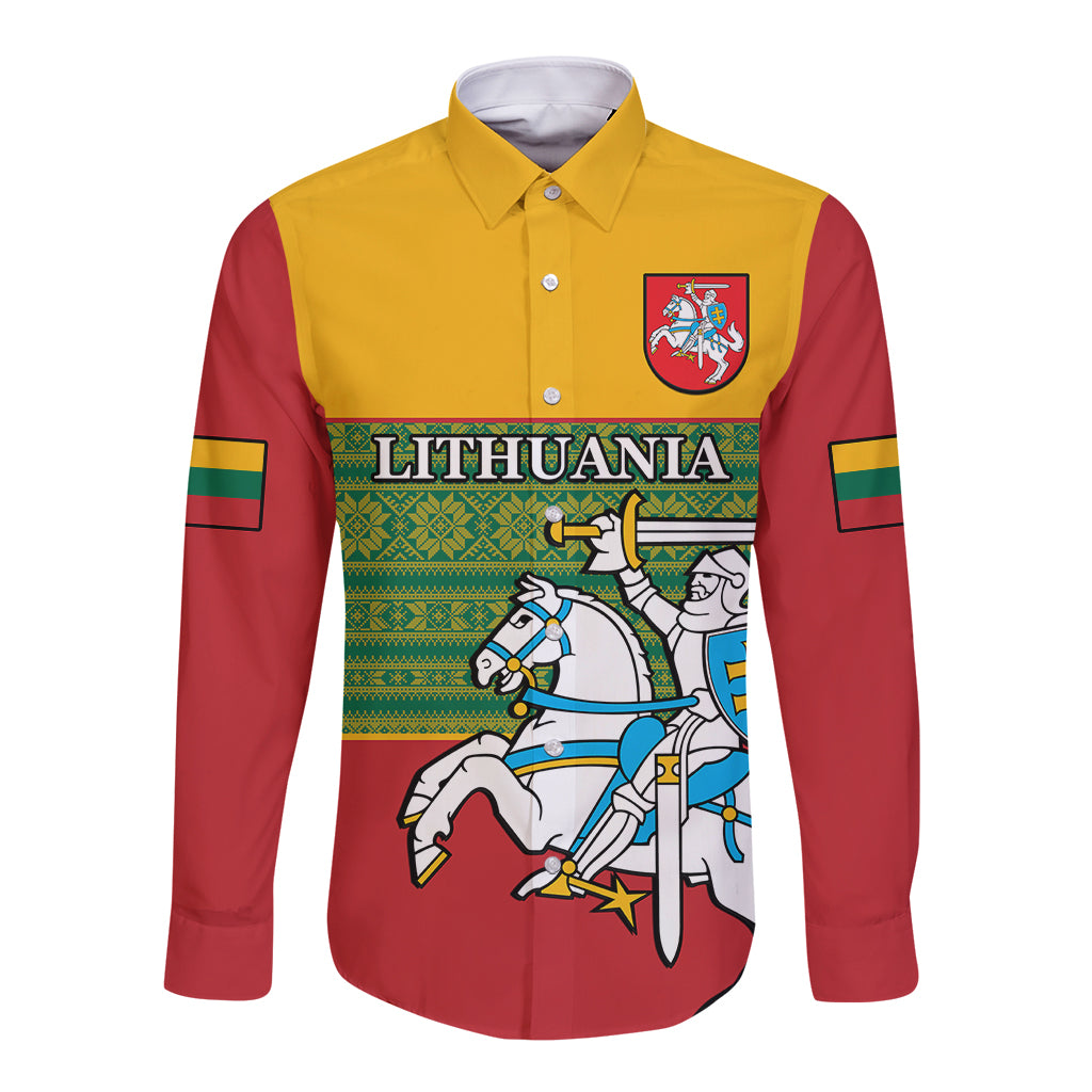 Long sleeve button shirt with Lithuania graphic, yellow front and red sleeves