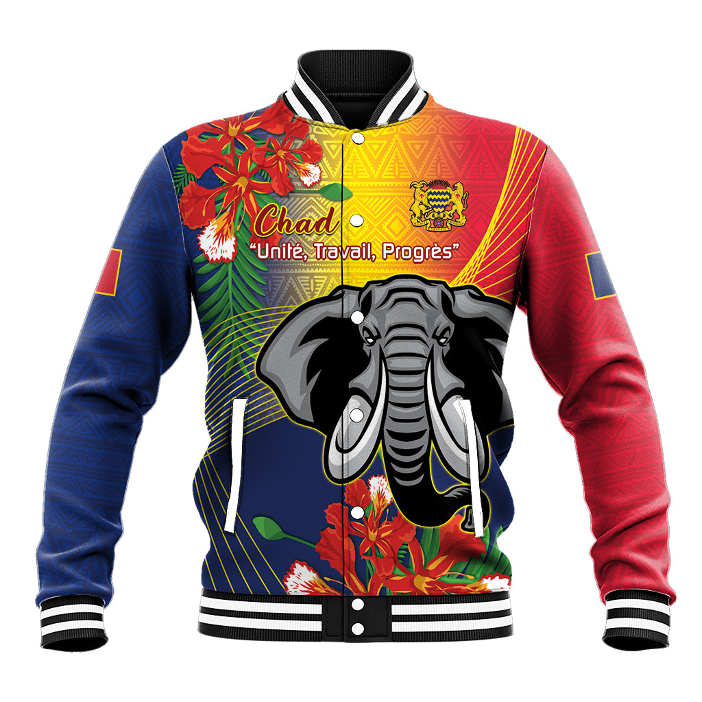 Multicolor unisex baseball jacket with “Chad” text and large elephant graphic