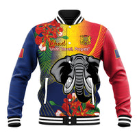 Multicolor unisex baseball jacket with “Chad” text and large elephant graphic