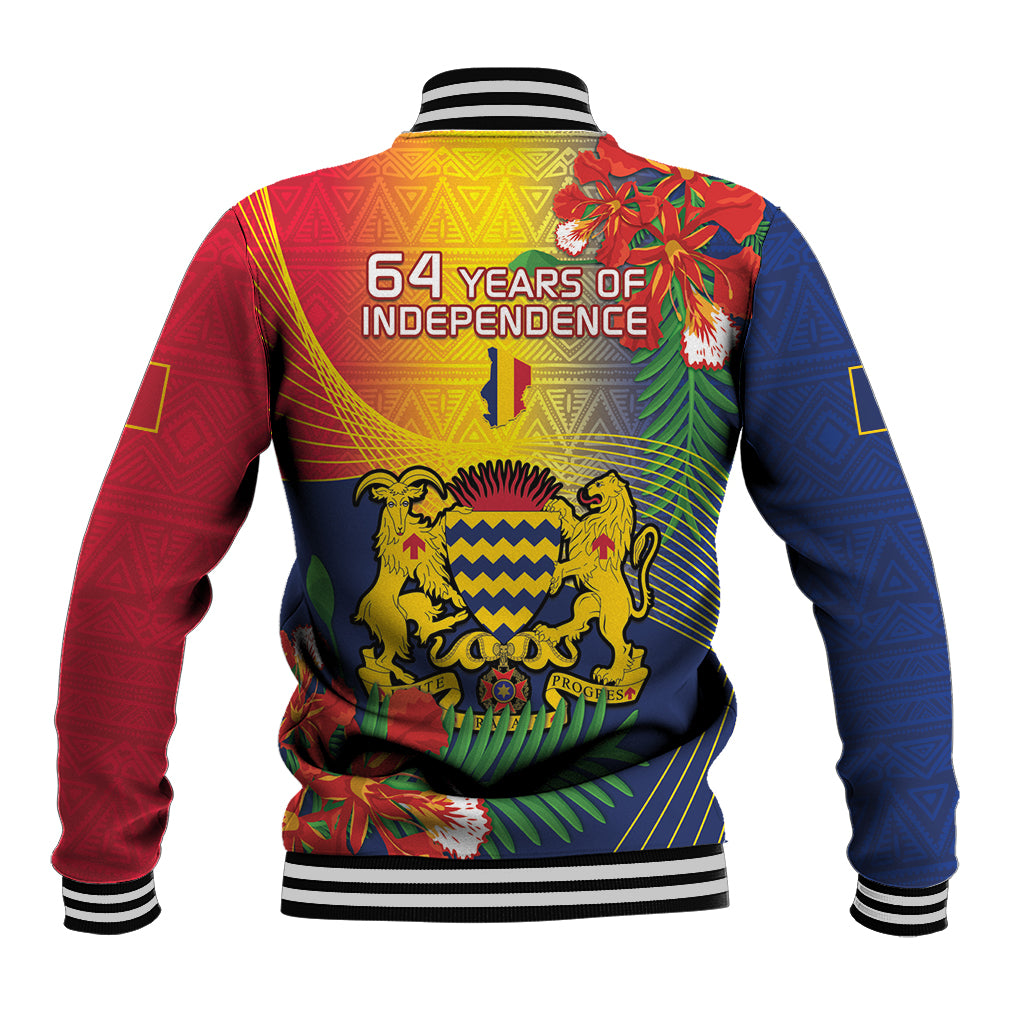 Multicolor unisex baseball jacket with “64 Years of Independence” graphic on back