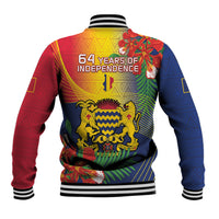 Multicolor unisex baseball jacket with “64 Years of Independence” graphic on back
