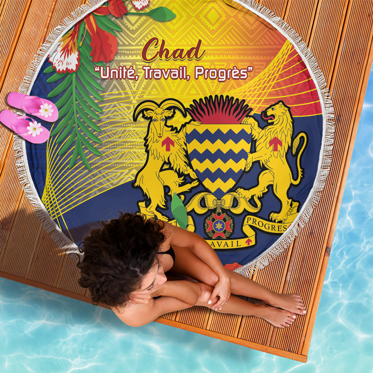 Round Chad independence day beach blanket with crest print