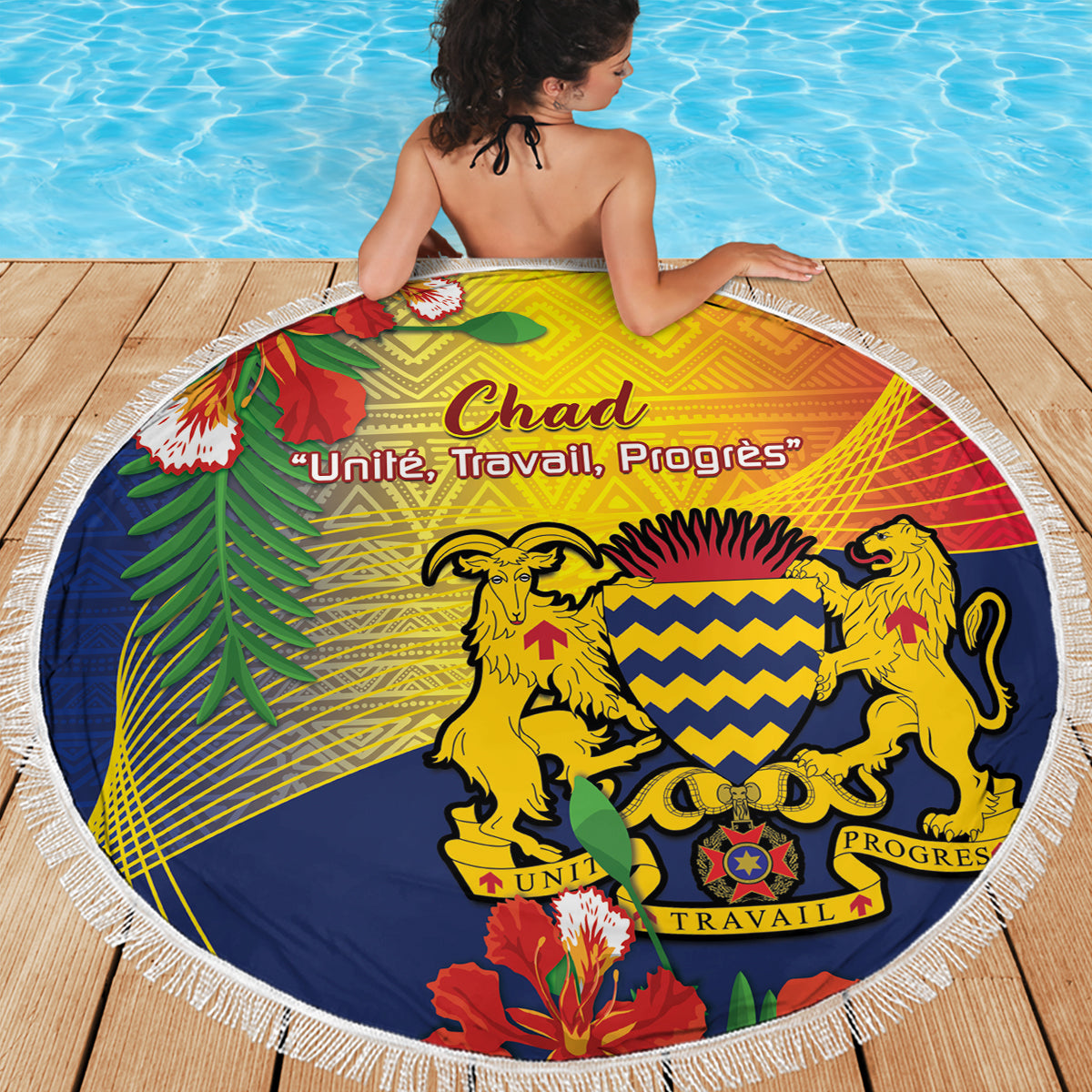 Round beach blanket with Chad flag emblem and fringe