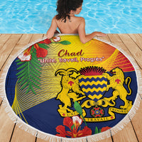 Round beach blanket with Chad flag emblem and fringe