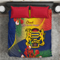 Chad-themed bedding set with blue duvet cover, red pillowcases, and illustrated crest