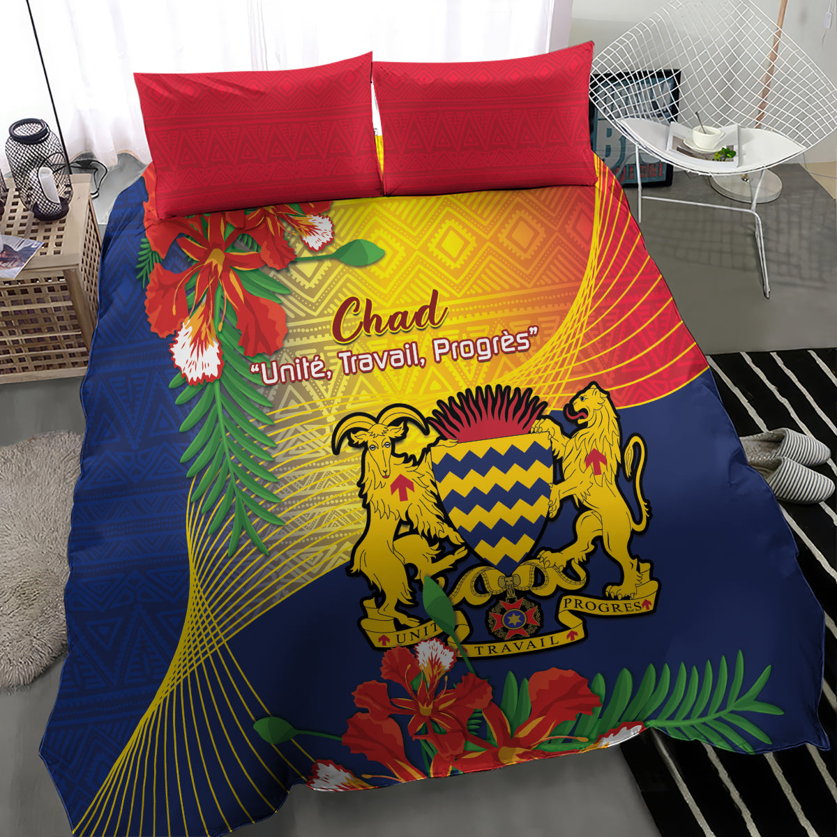 Blue Chad independence day bedding set with lion crest and colorful pattern, slogan