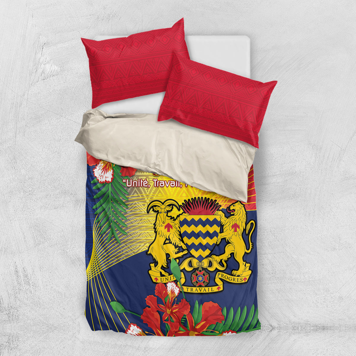 Blue independence-themed bedding set with crest on duvet and red decorative pillows